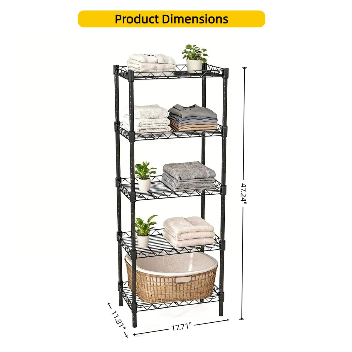 5-Tier Black Wire Shelving Unit - Adjustable Storage Rack for Living Room