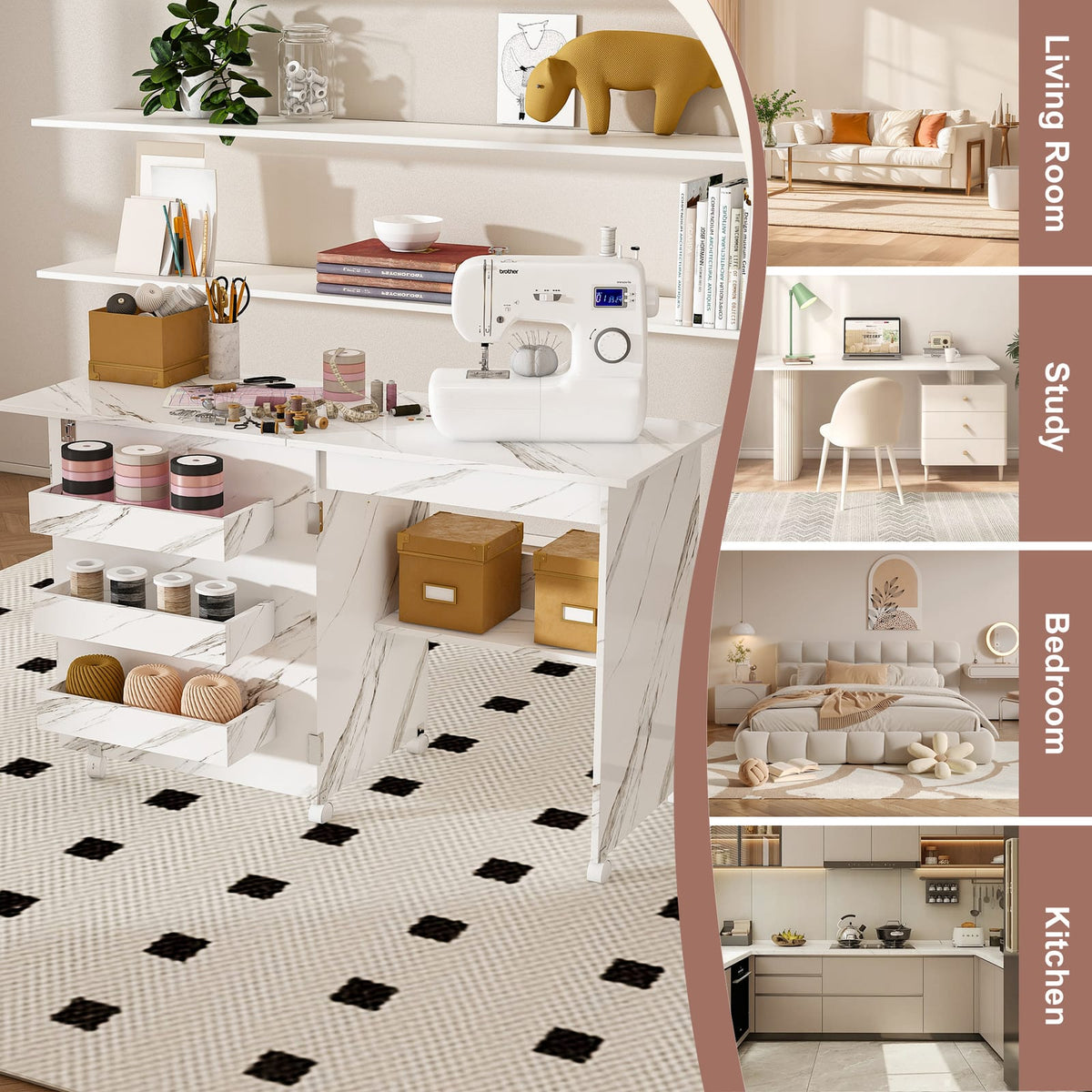 Dining Room Folding Sewing Table with Wheels; Multi-Use Craft Station & Kitchen