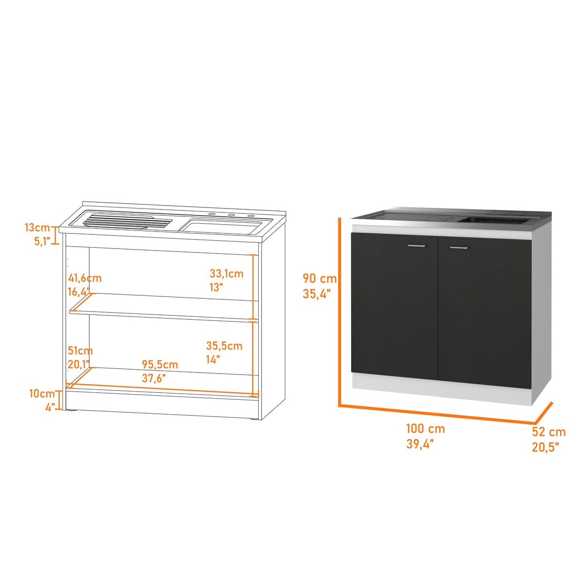 Black 2-Door Cabinet with Sink - Kitchen Storage