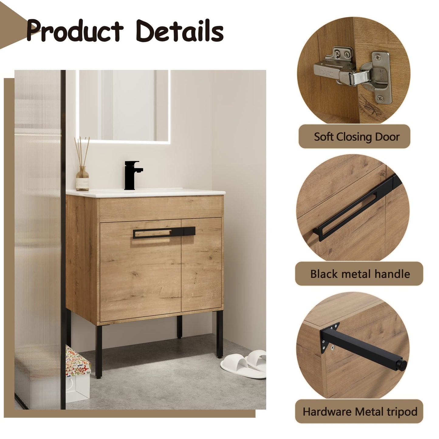 2-Door Imitative Oak Bathroom Vanity - Freestanding Storage