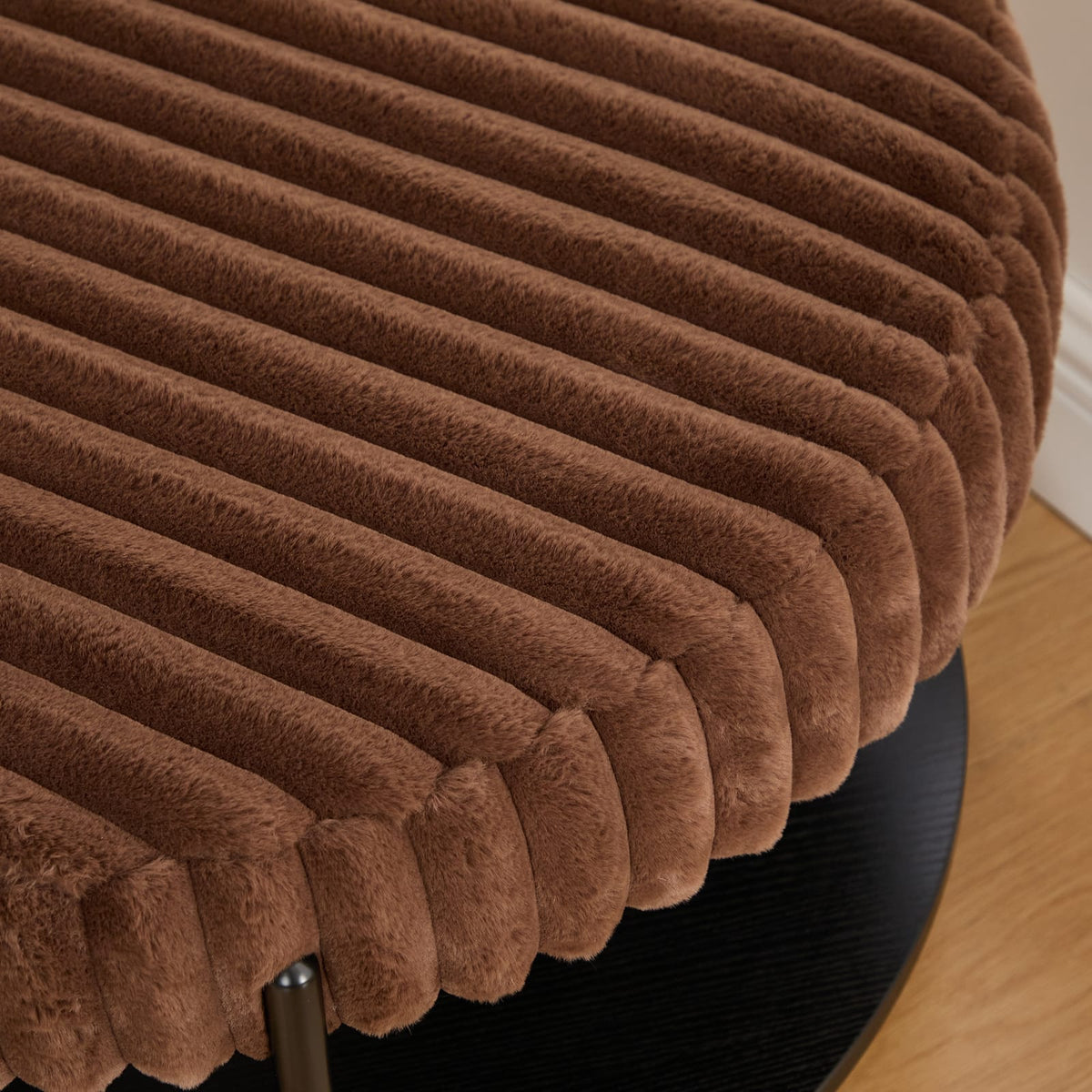 Living Room Upholstered Round Ottoman - Brown Faux Fur Footstool with Storage Shelf