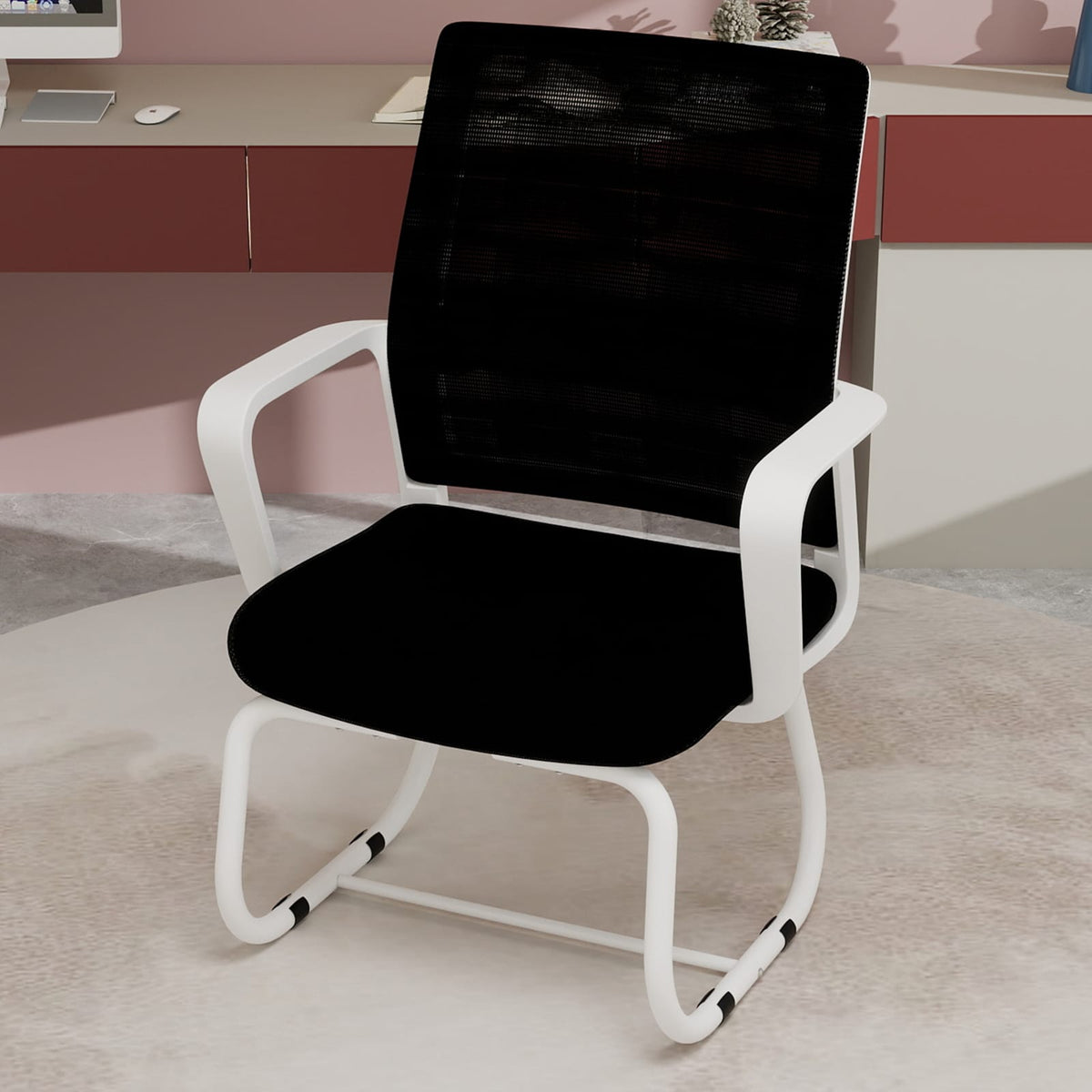 White Black Office Chair Mesh Back, Iron Frame, 23"L