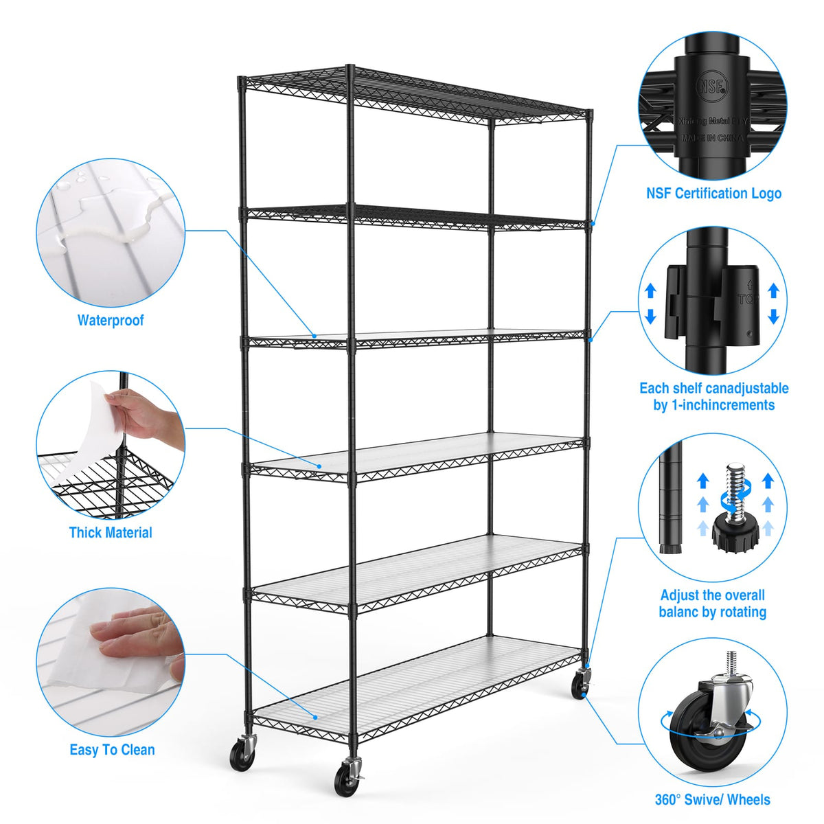 6 Tier Wire Shelving Unit - Black, Heavy Duty Garage Storage