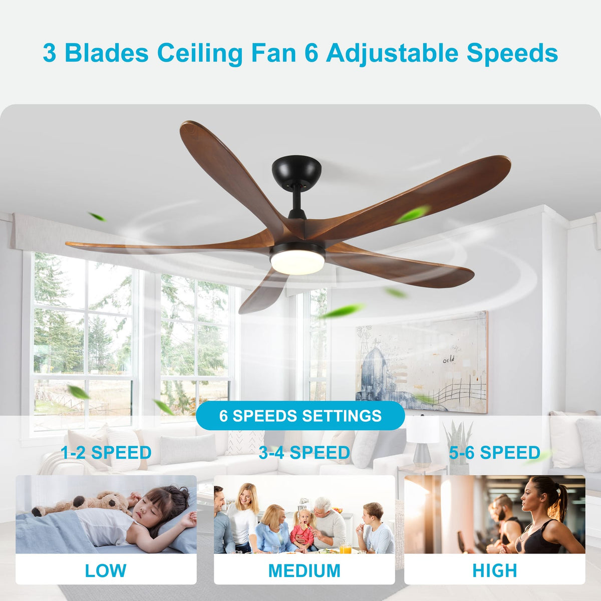 62 Inch Solid Wood Ceiling Fan with Light Antique Brown