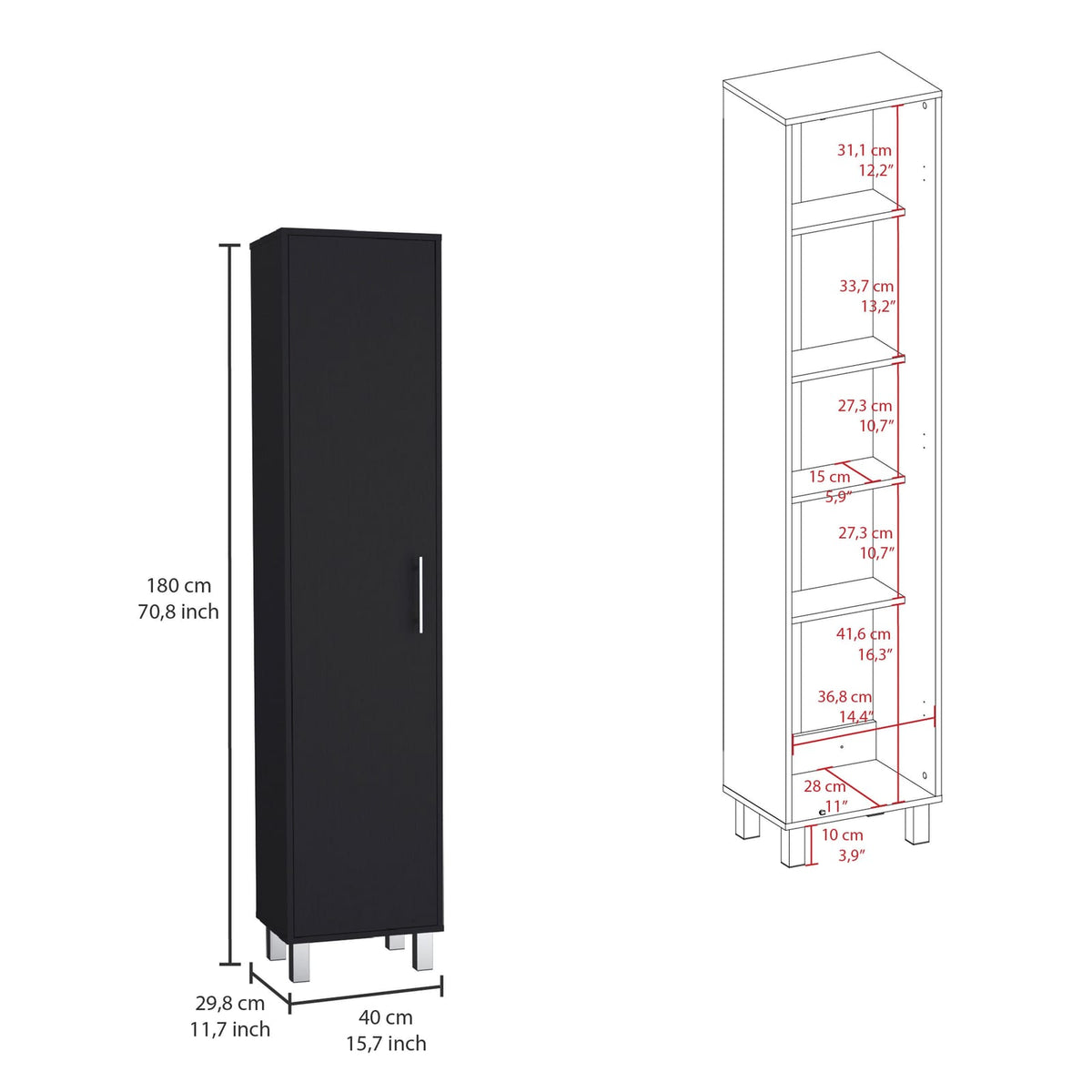 Laska 70" Tall Storage Cabinet - Black with Shelves for Living Room