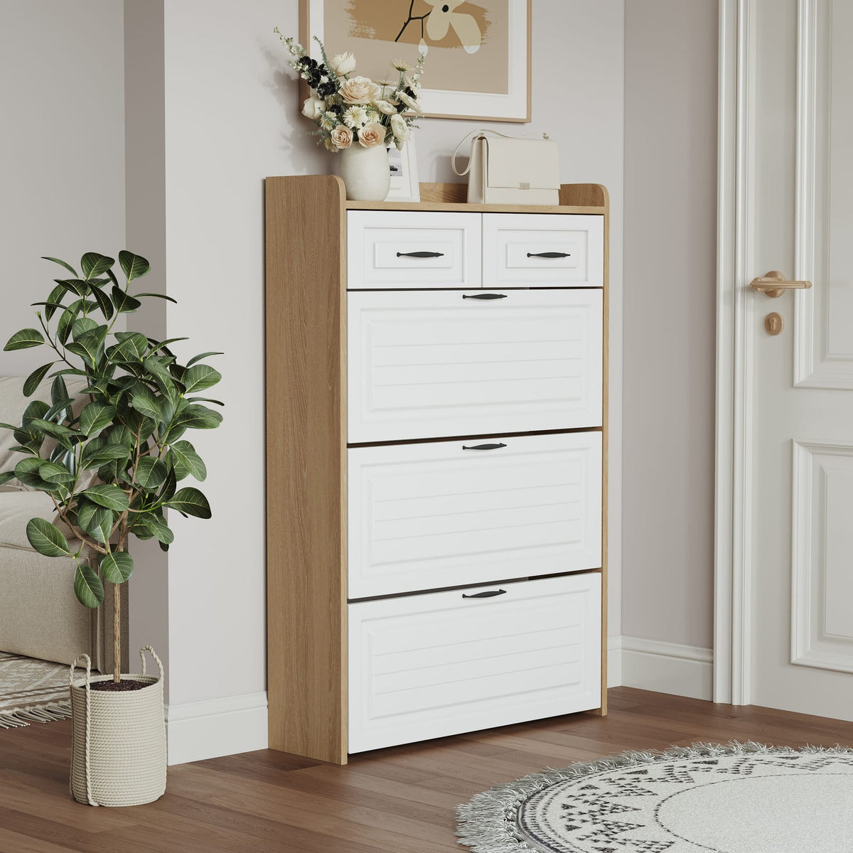 White + Oak Shoe Cabinet - 3 Drawers, 5+ Storage for Living Room