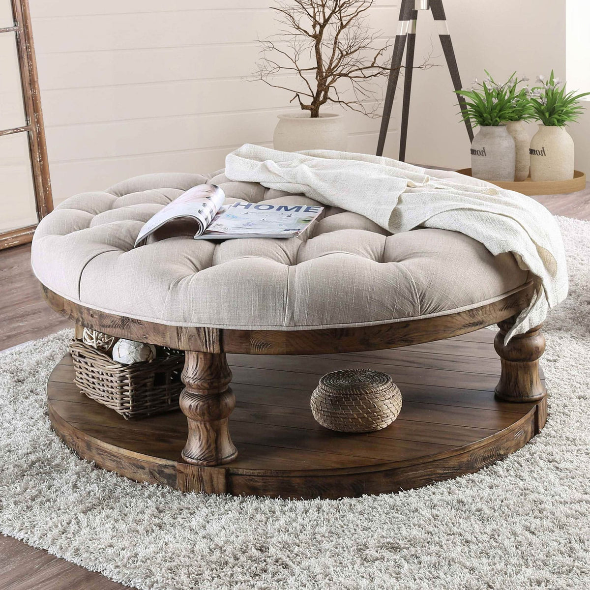 Antique Dark Oak Round Coffee Table - 48" Diameter