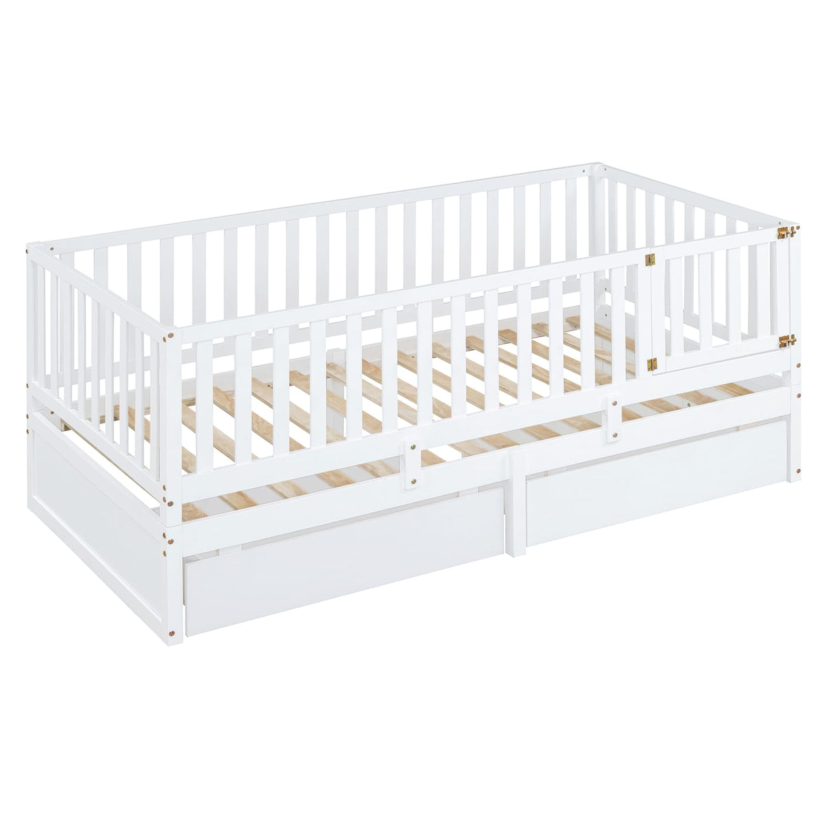 Twin Size Wood Daybed - White with Fence Guardrails & Drawers