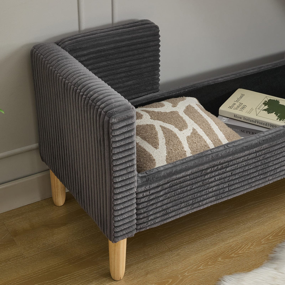 Upholstered Storage Bench - Charcoal Corduroy for Living Room