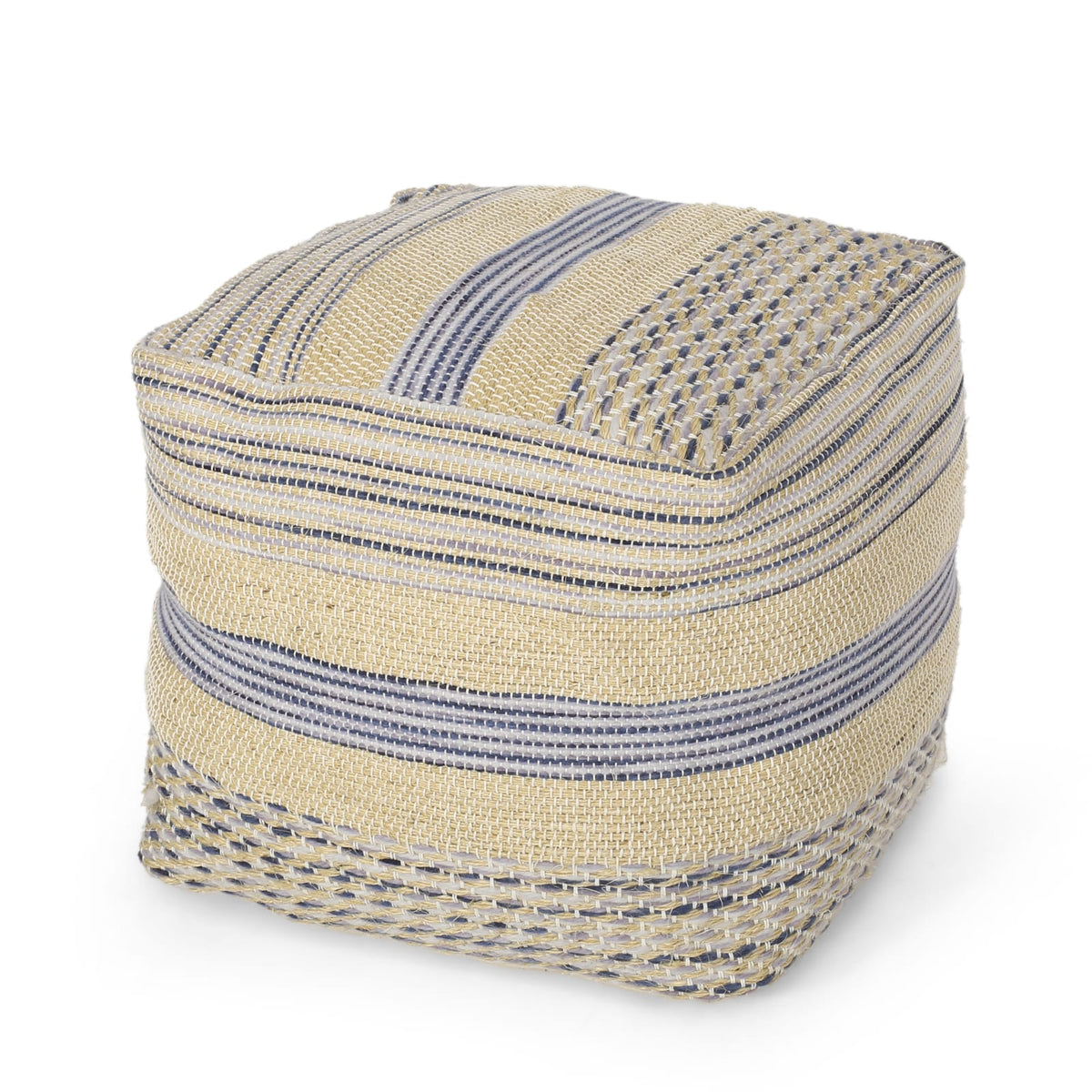 Natural Blue Fabric Pouf - Small Footstool