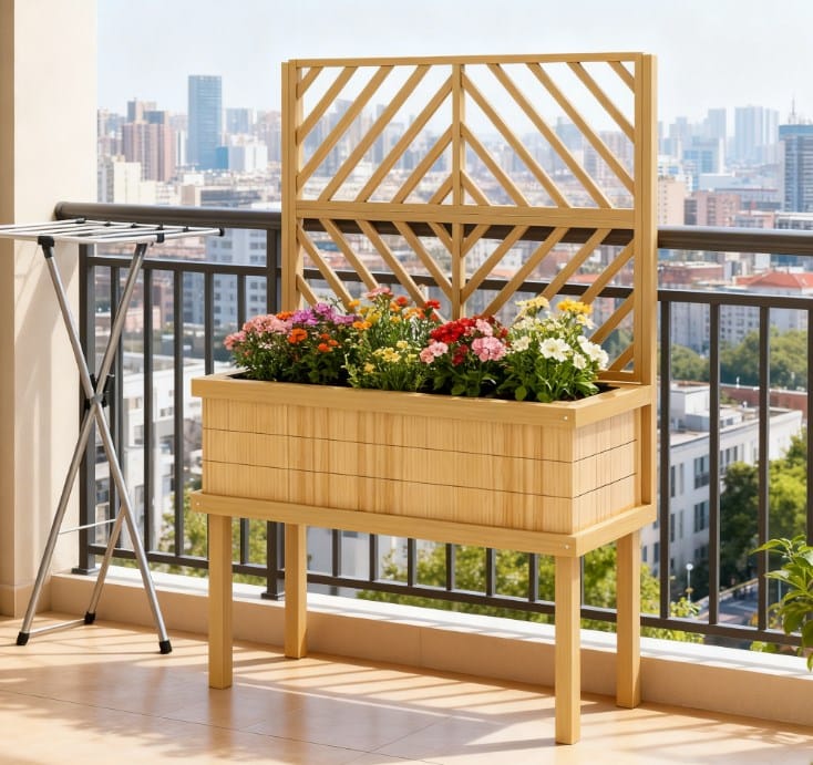 Natural Wood Raised Garden Bed with Trellis for Outdoor Gardening
