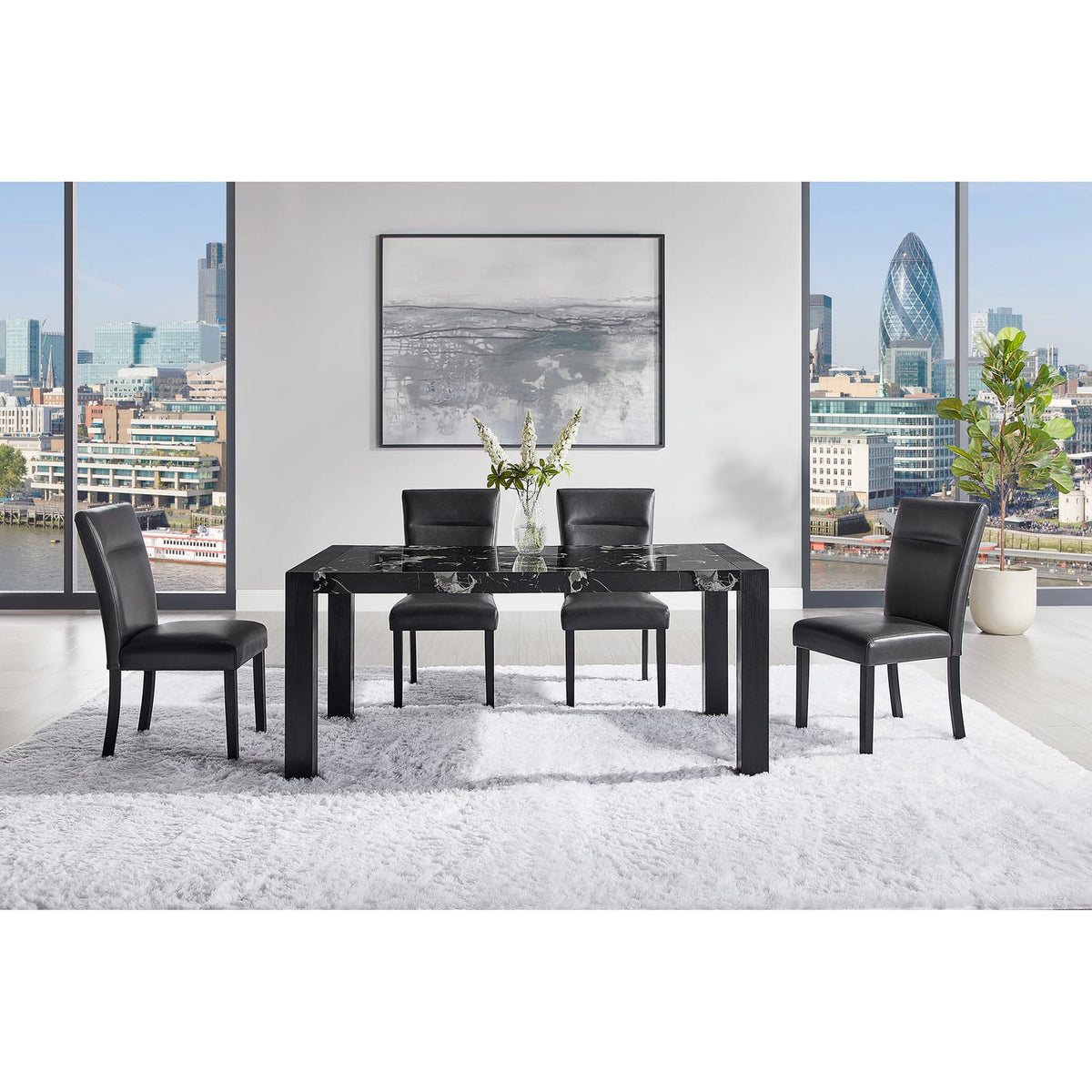 Black Rectangular Dining Table with Faux Marble Top for Dining Room