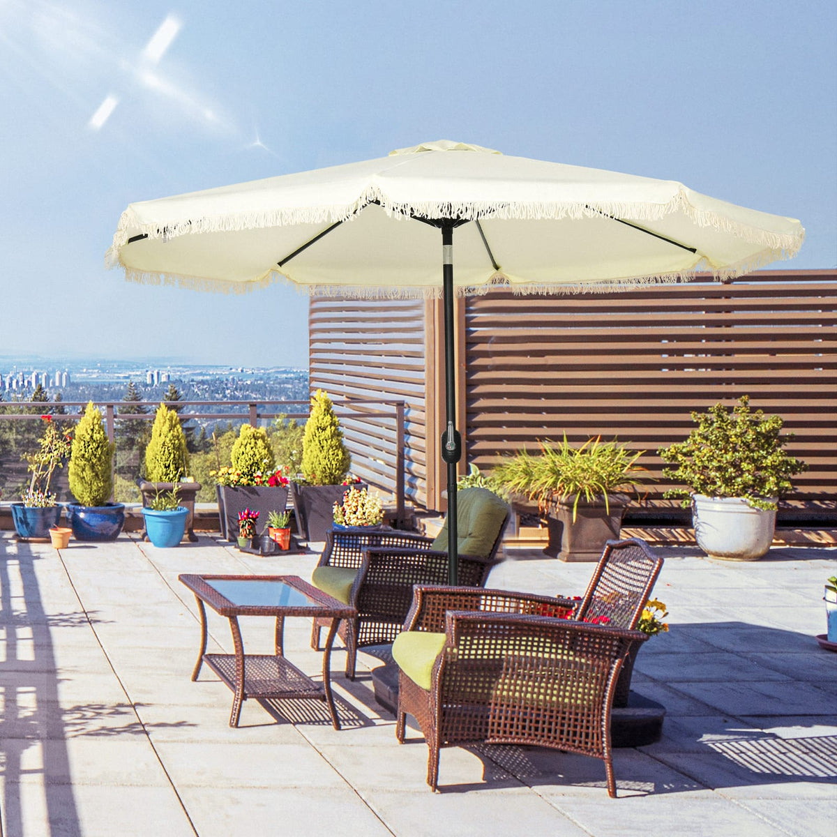 Outsunny 9ft Cream White Patio Umbrella - Ruffled Market Shade