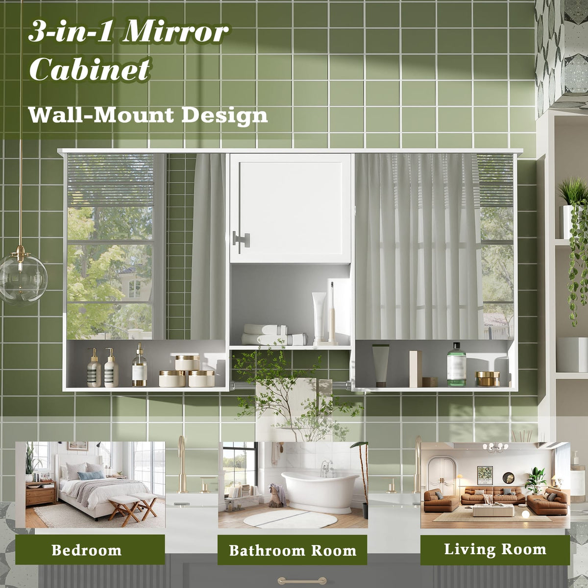 55 Inch Wall-Mounted Mirror Cabinet - White Bathroom Storage