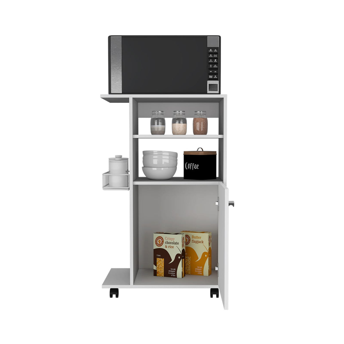 Kitchen Cart Kryot - White, Single Door Cabinet with Four Caster Wheels