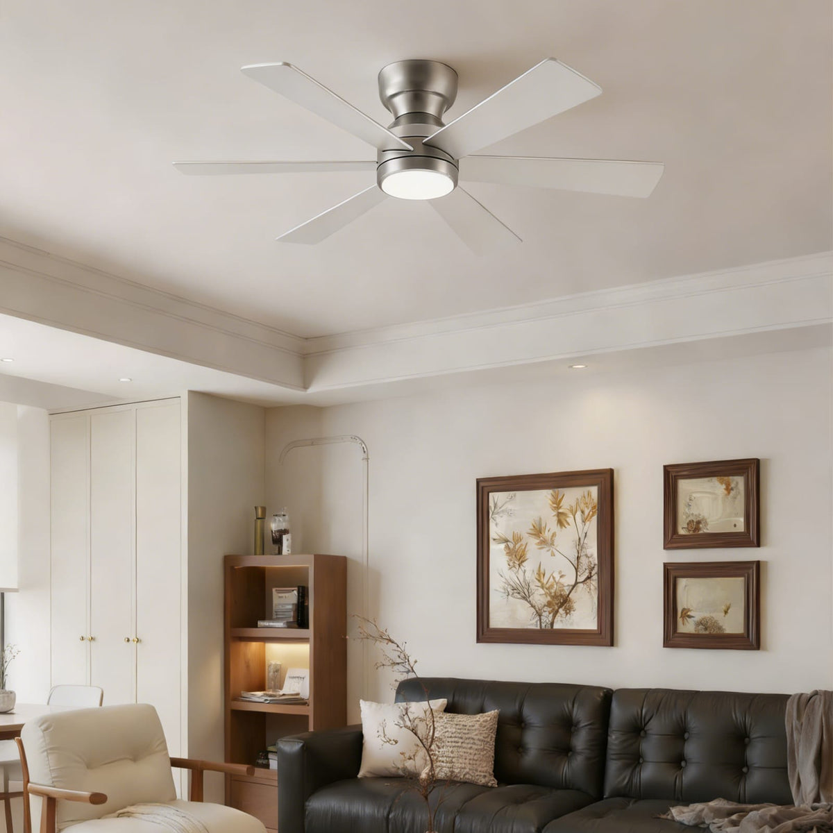 46 Inch Silver Ceiling Fan with Remote Control, 6 Plywood Blades, Quiet DC Motor