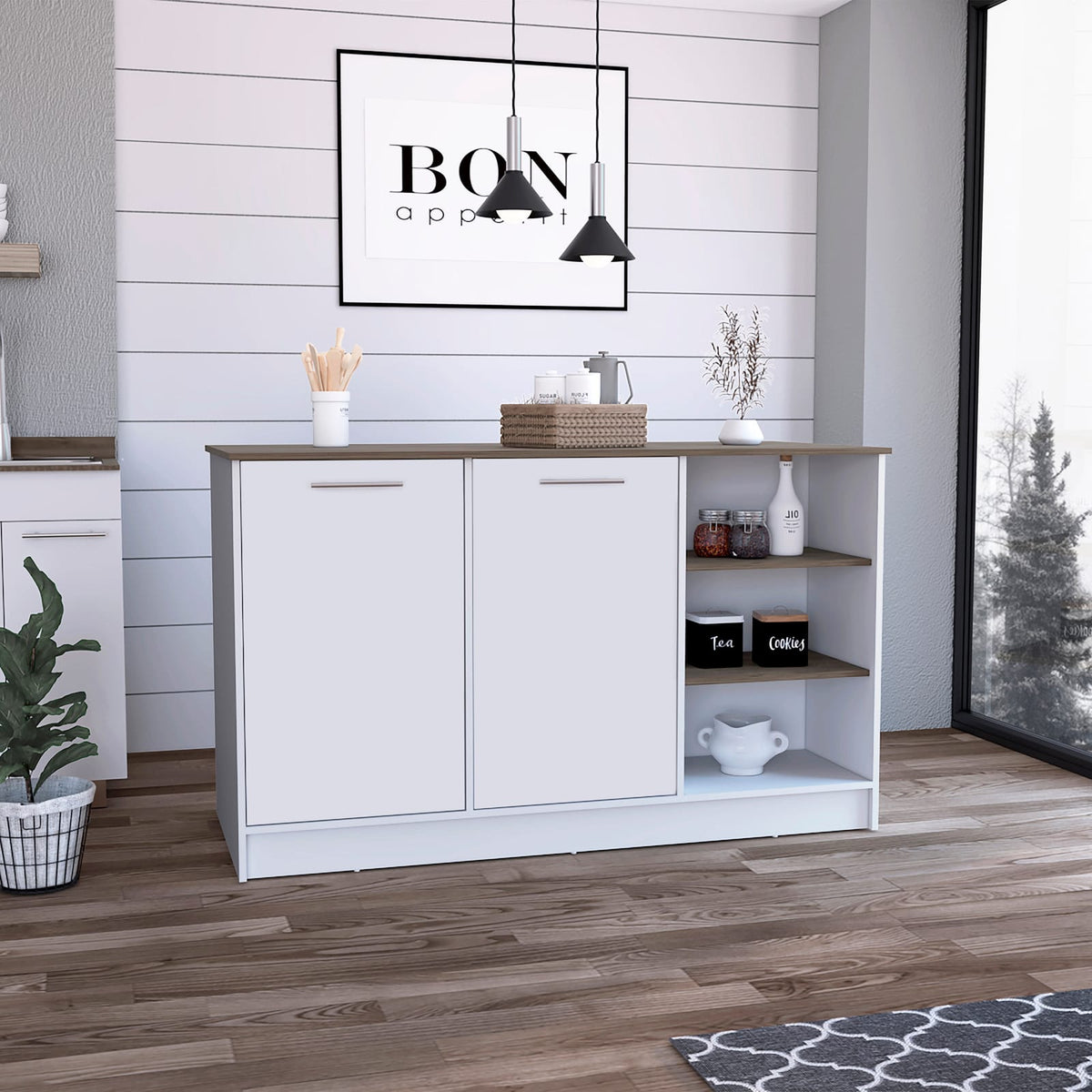 Kitchen Island 2 Cabinets, 3 Shelves - White/Dark Brown Engineered Wood