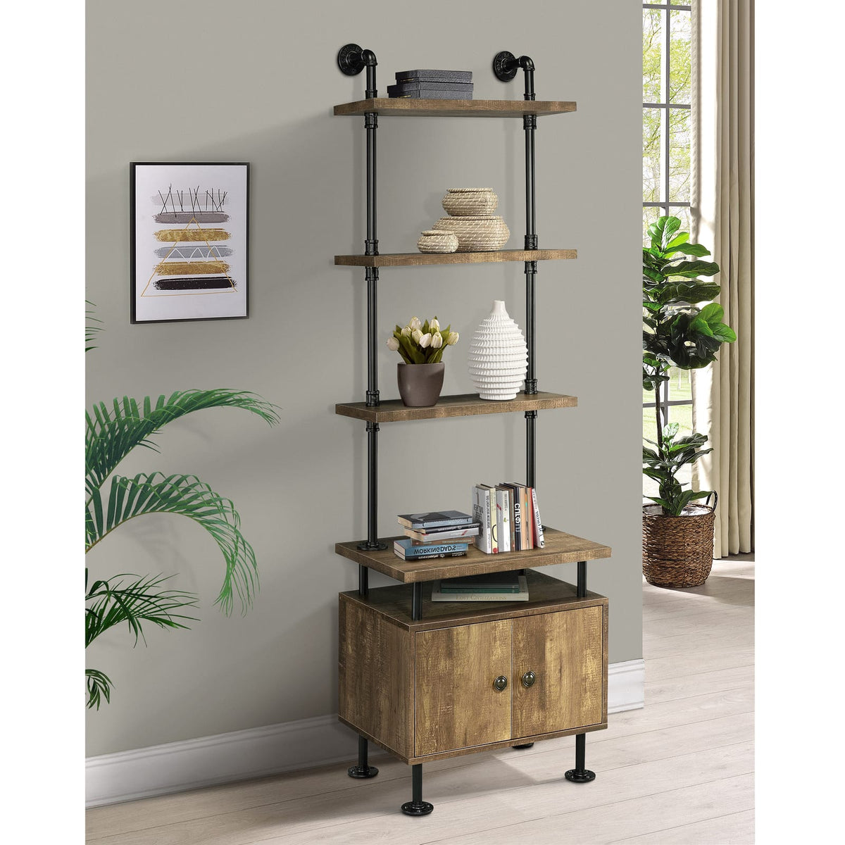 Black and Brown Wood Metal Three Tier Storage Shelf for Display for Living Room
