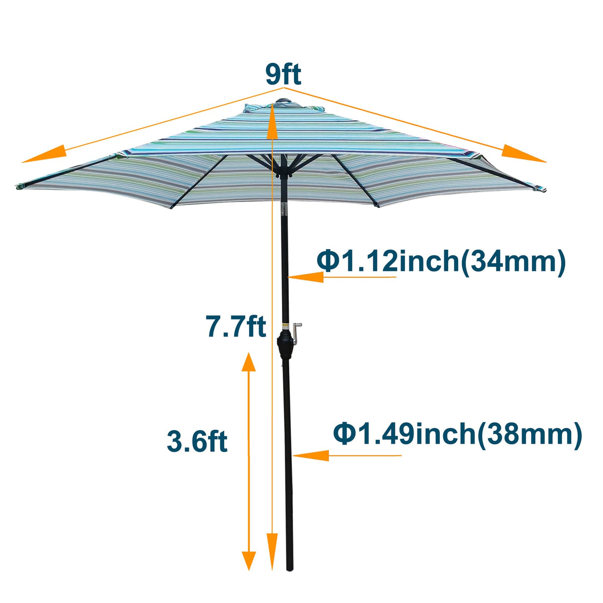 9 Foot Blue Striped Patio Umbrella - Metal Frame