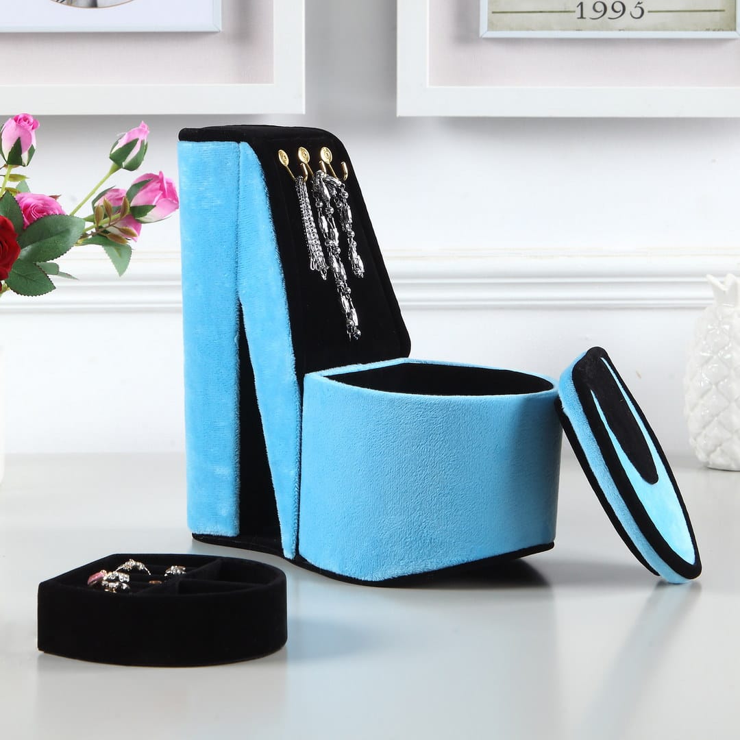 9" Tall Display Jewelry Box with Hooks - Turquoise Velvet