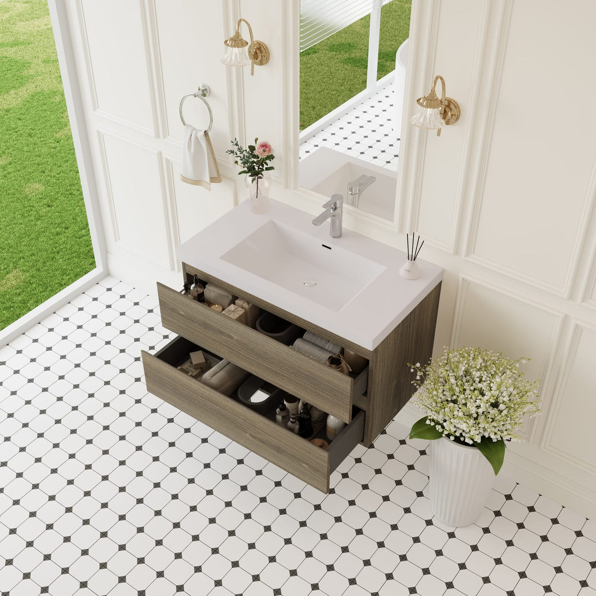 Grey Ash Bathroom Vanity - Wall Mounted Storage