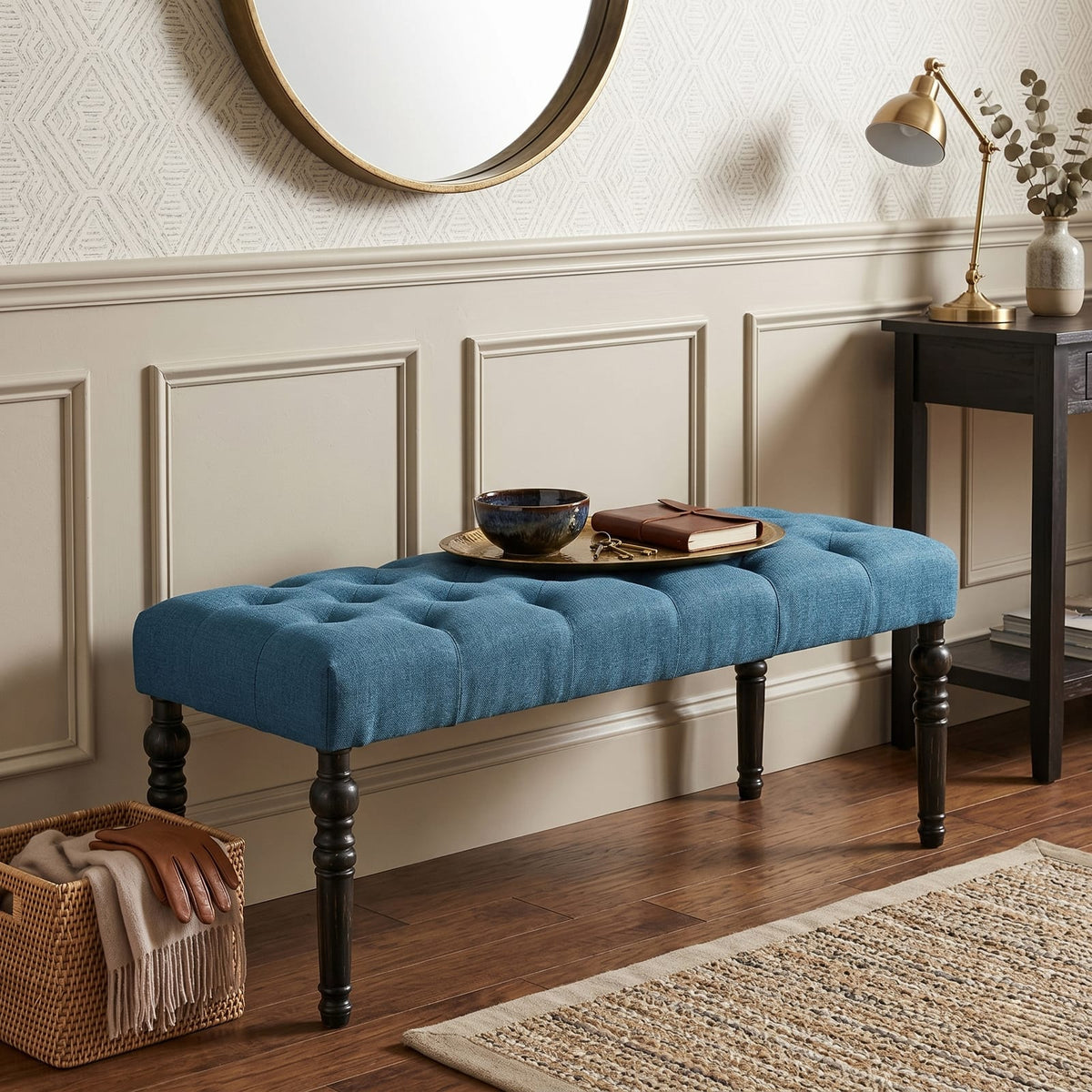 Blue Fabric Tufted Bench - Comfortable Dining Room Seating