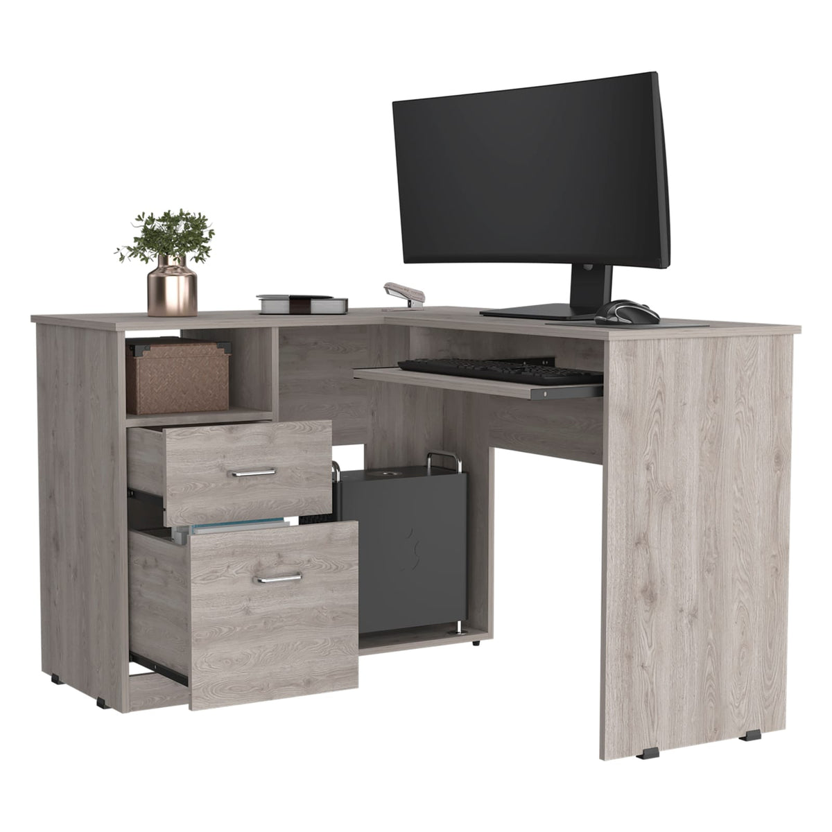 Light Gray L-Shaped Desk 2 Drawers 1 Shelf