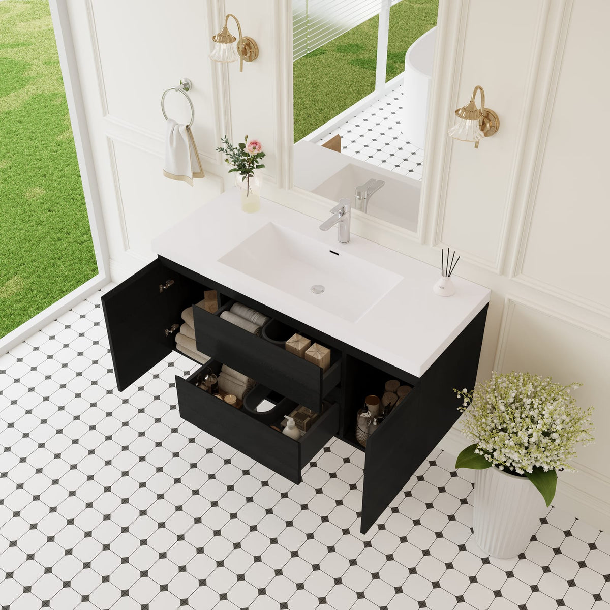48 Inch Espresso Floating Bathroom Vanity with Resin Sink