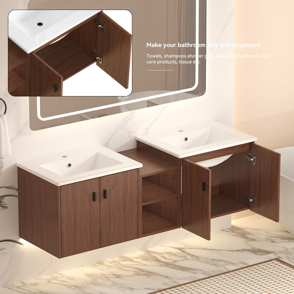 60 inch Reddish Brown Bathroom Vanity with Storage Cabinets