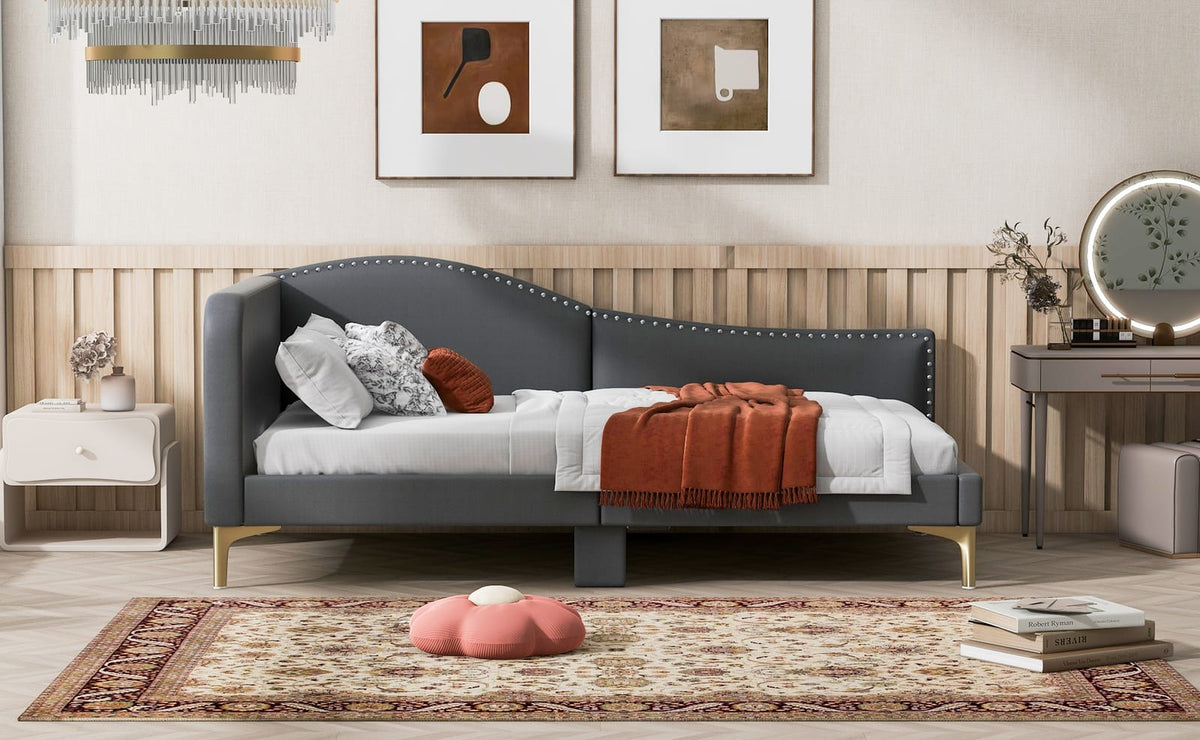 Grey Linen Upholstered Twin Daybed with Headboard for Bedroom