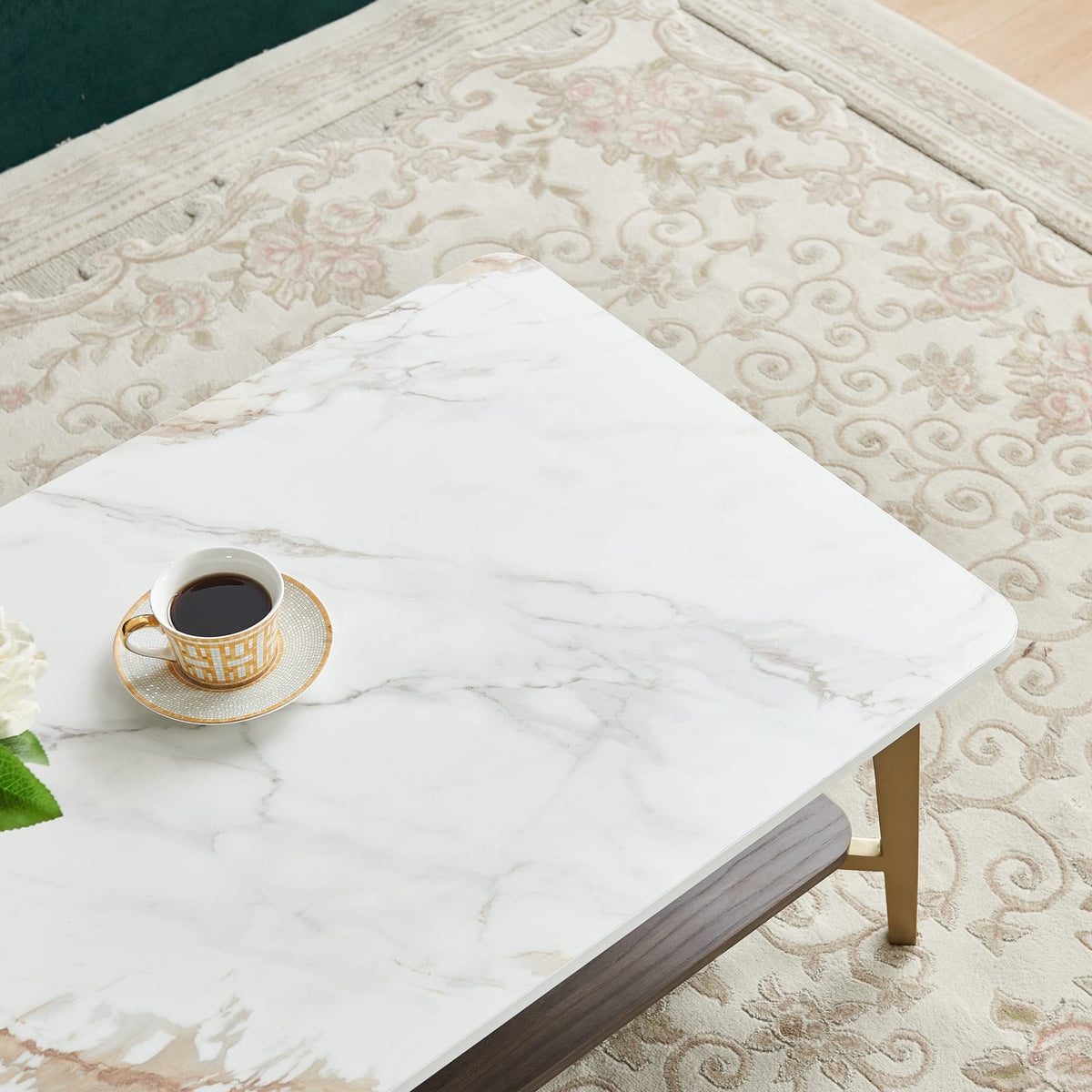Golden White Coffee Table - Storage Side Table for Living Room