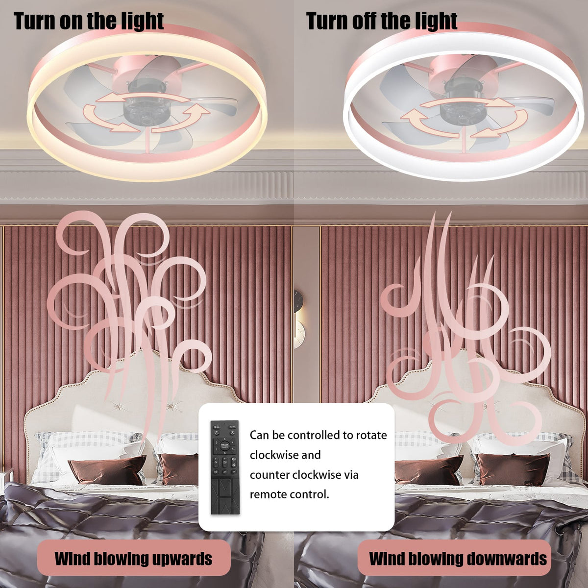 Pink Iron Ceiling Fan with Lights - Dimmable LED