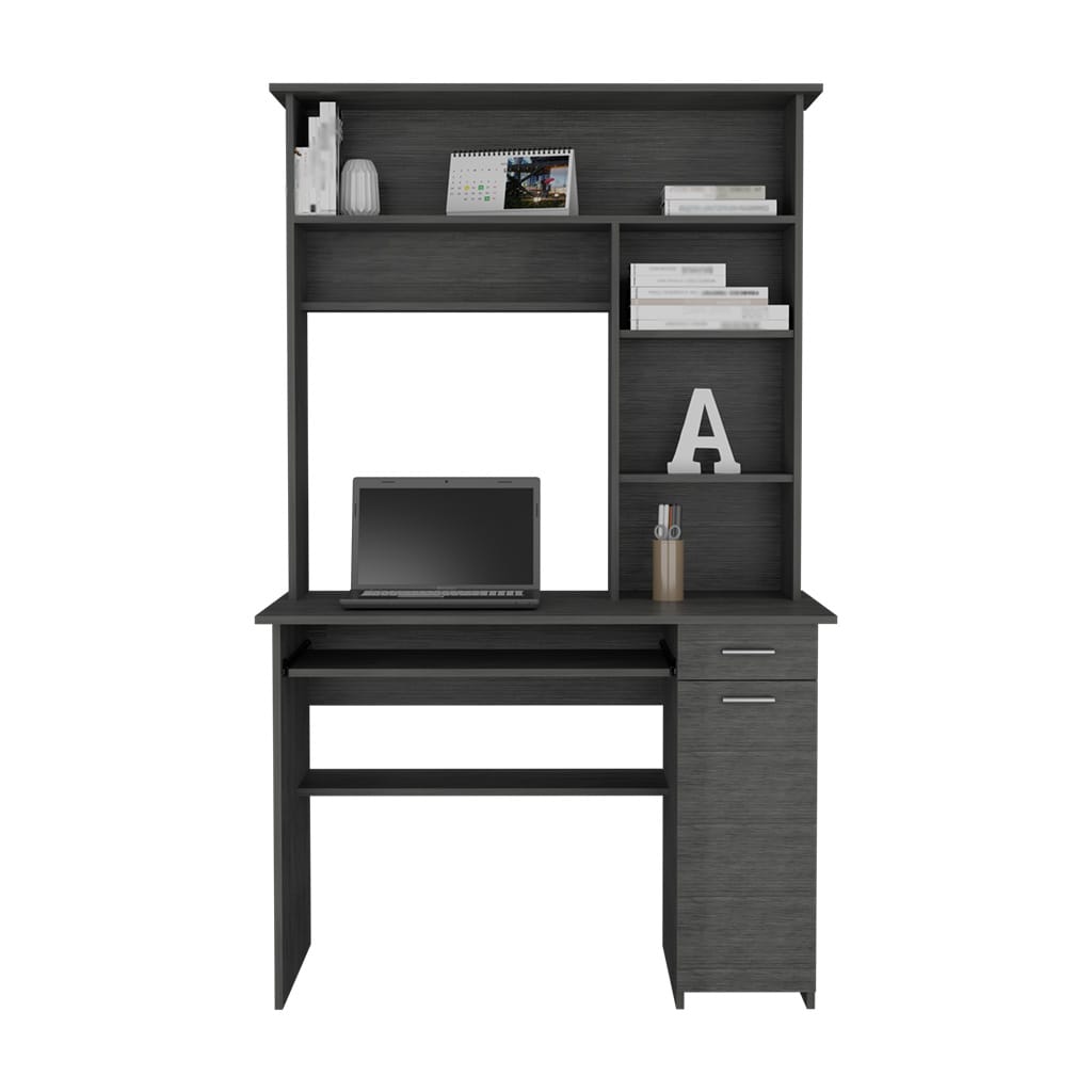 Smoky Oak Compu Hutch Desk - Storage & Keyboard Tray for Home Office