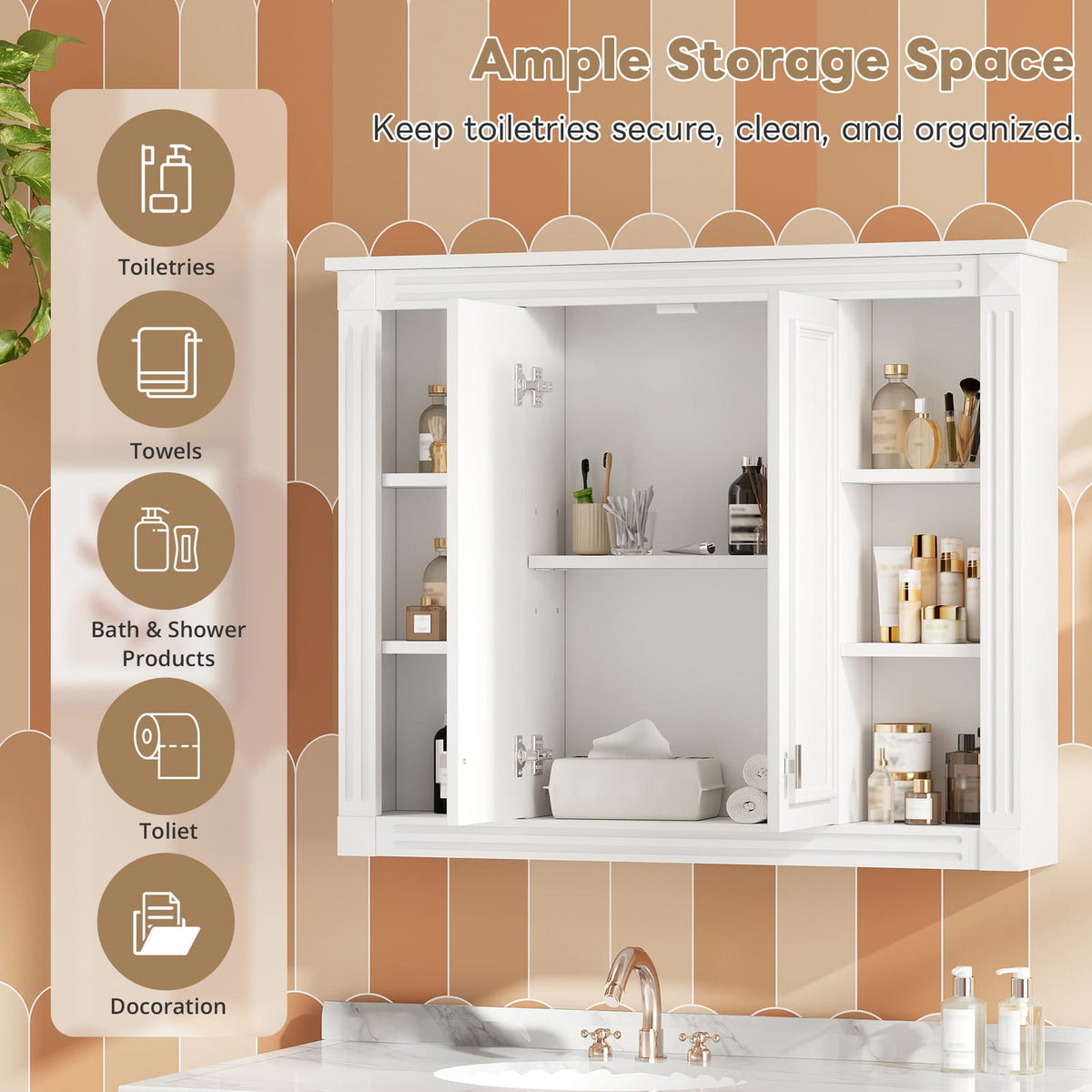 Modern Wall Mounted Bathroom Cabinet with Adjustable Shelves in White