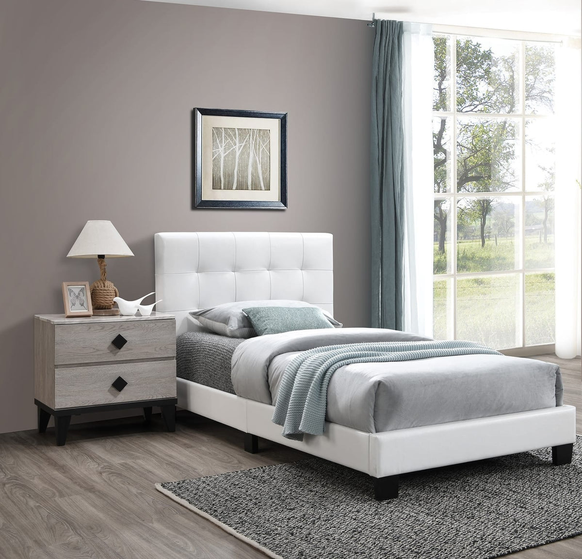 Twin Size White Faux Leather Bed Frame