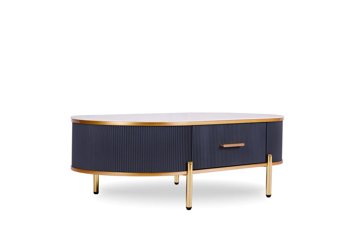 White Gray Oval Coffee Table with Drawers - Mid-Century Modern Style