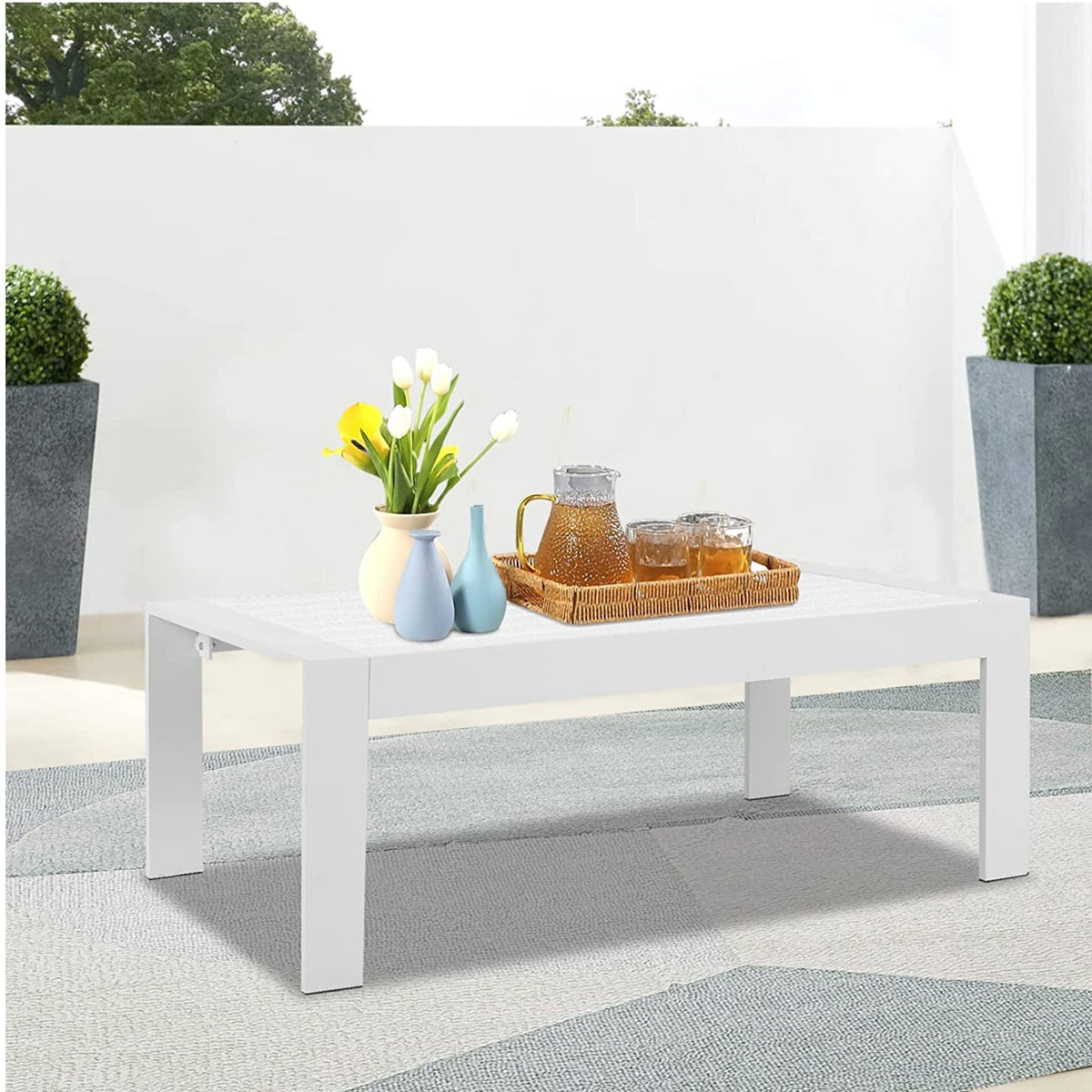 43" All-Weather Aluminum Patio Coffee Table - Modern White Rectangle Outdoor Table