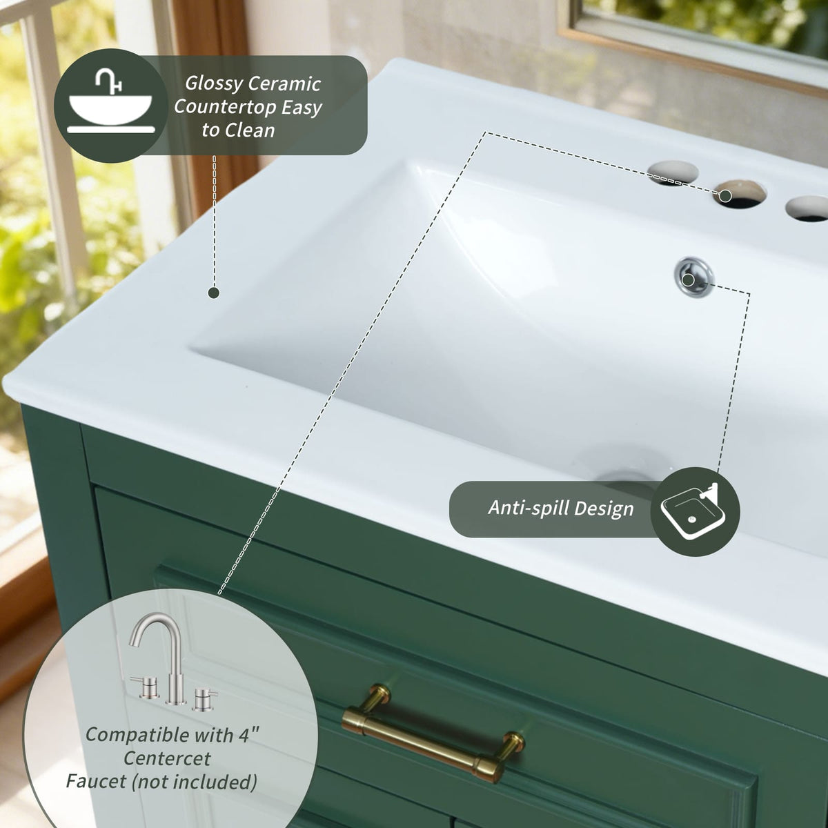 Green MDF Bathroom Vanity with Ceramic Sink and Storage