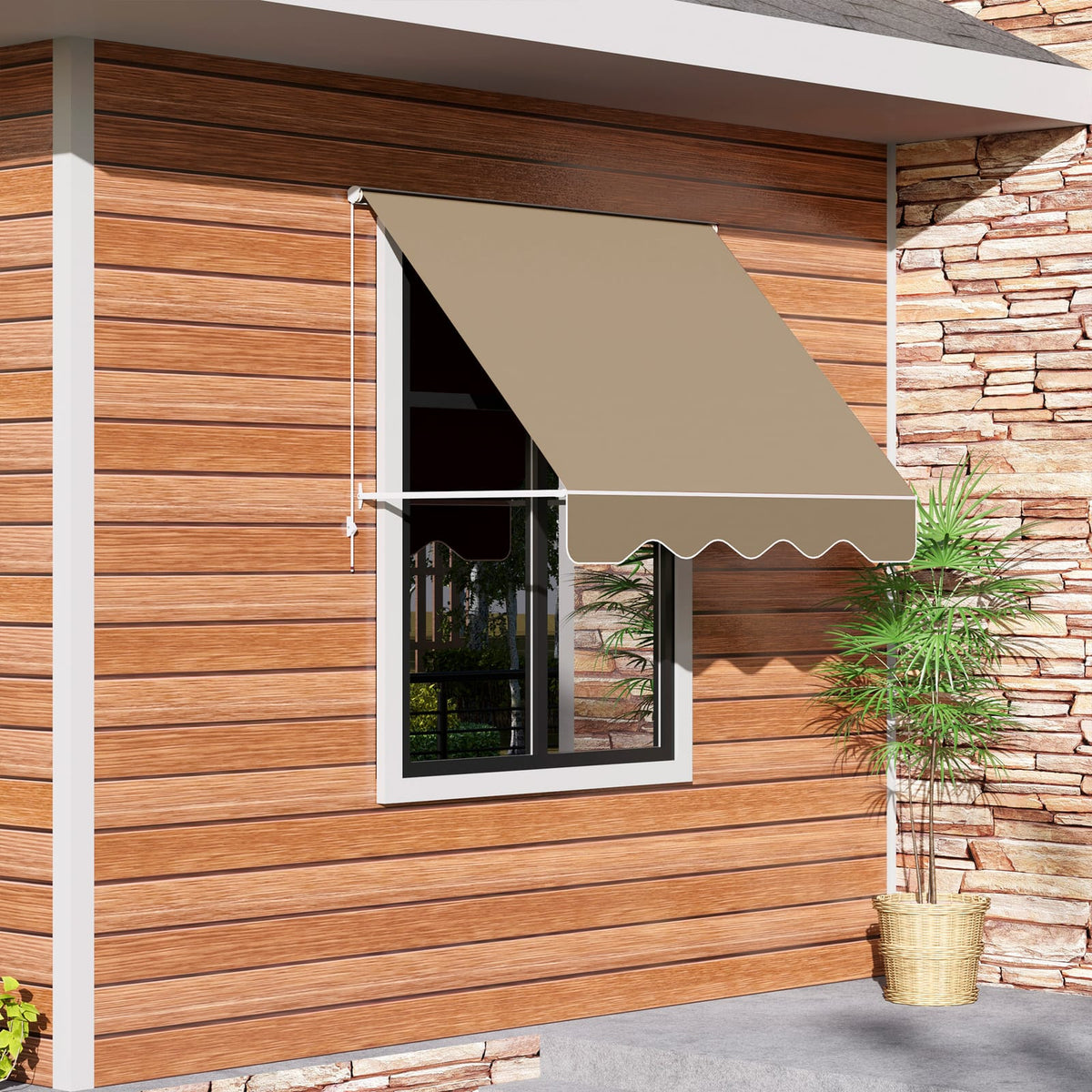 Brown White Poolside Retractable Awning for Deck Shade