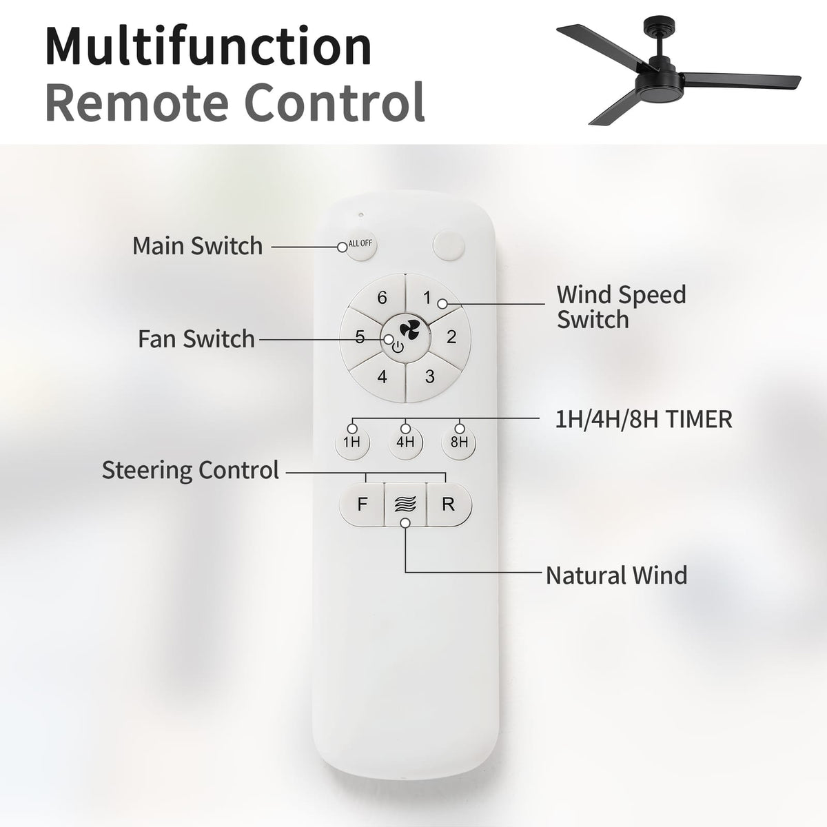 52 Inch Black Ceiling Fan with ABS Blades