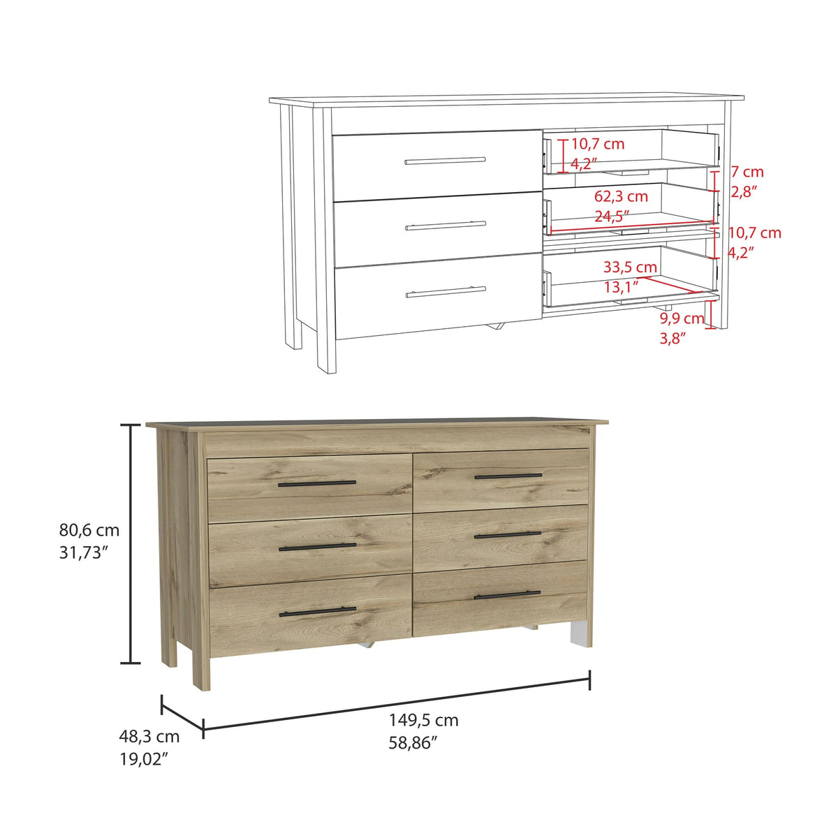 Light Oak 6 Drawer Dresser - Bedroom Storage