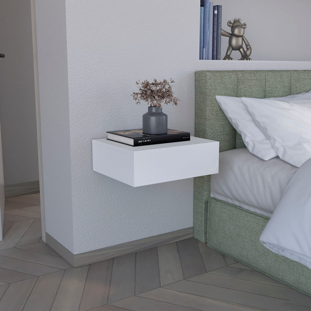 White Pine Wall Mounted Nightstand with Drawer for Bedroom