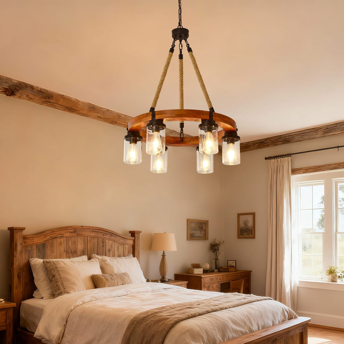 Rustic Wagon Wheel Chandelier - 23.6" Round Wood Pendant Light