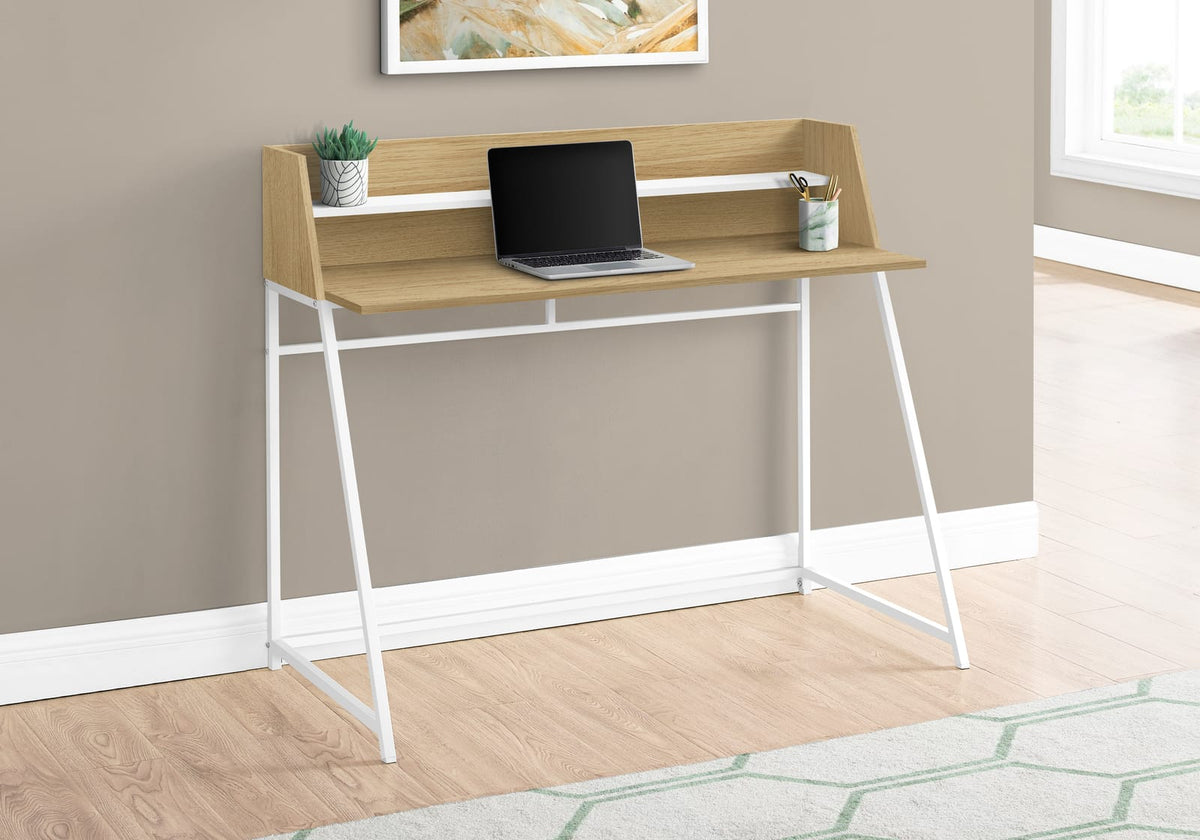 Computer Desk with Hutch - Natural Laminate, 48"L, White Metal Base