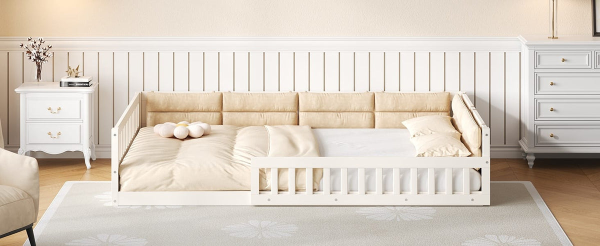 Full Size Beige Wood Bed Frame with Guardrails for Bedroom