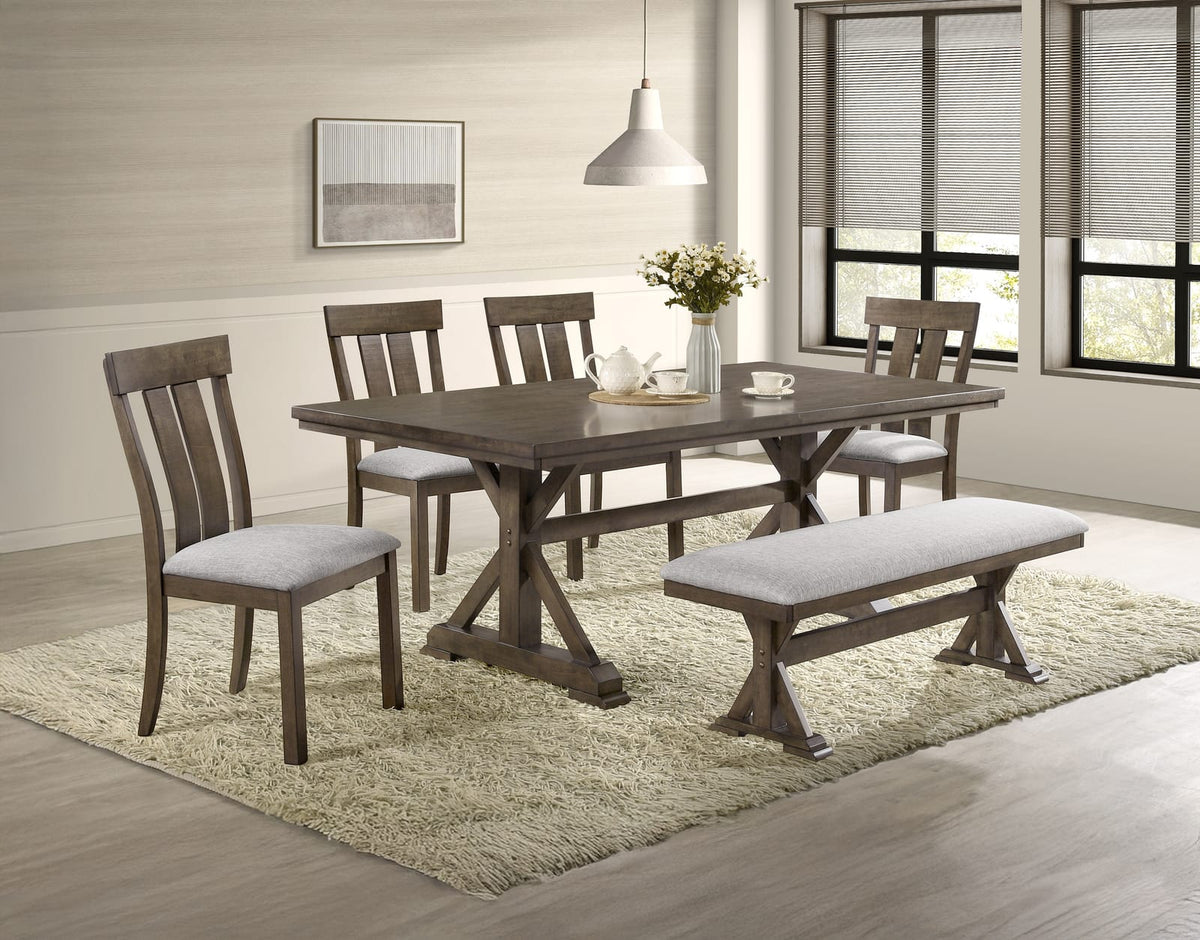 Contemporary Brown Upholstered Dining Room Bench with Wood Finish