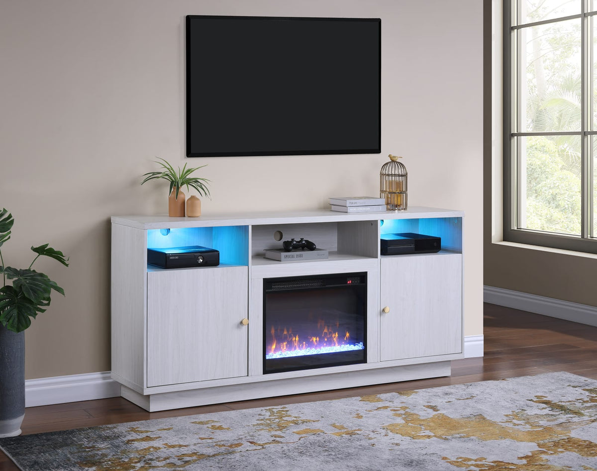70" White Walnut TV Stand with Fireplace Console