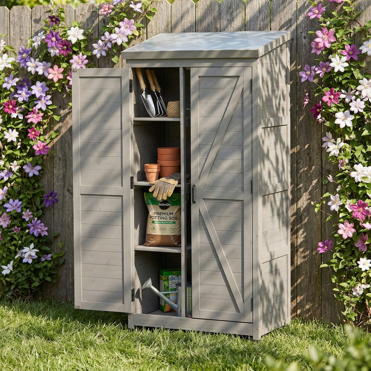 Grey Solid Wood Outdoor Storage Cabinet for Garden Patio Organization