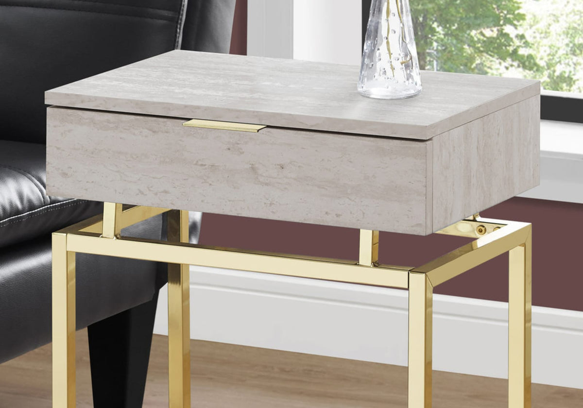 Beige Marble Look Accent Table - Nightstand Storage Drawer