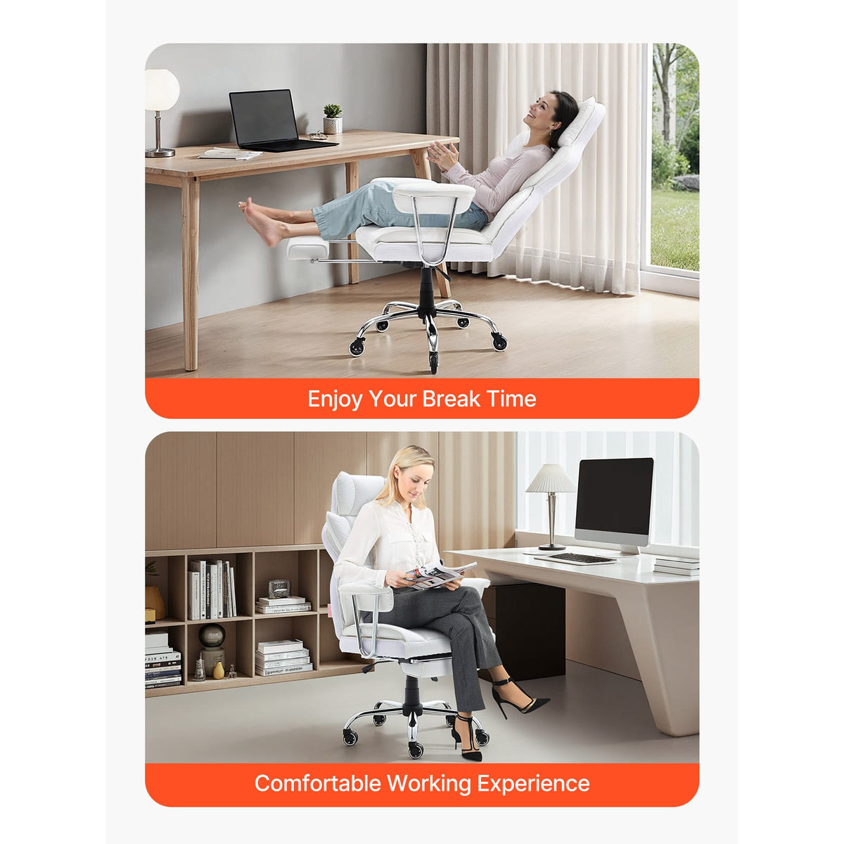 White Reclining Office Chair with Footrest - Ergonomic Support